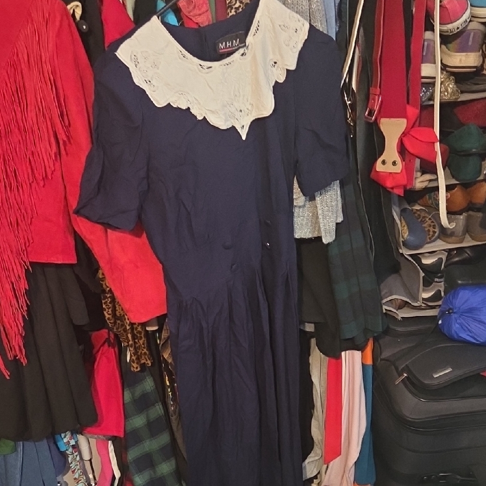 M.H.M Dark Blue Dress with Cream Lace Collar